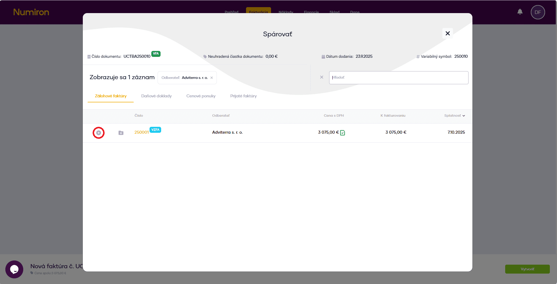 vystavene faktury rezim parovanie highlighted