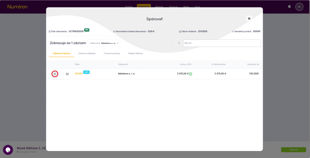 vystavene faktury rezim parovanie highlighted