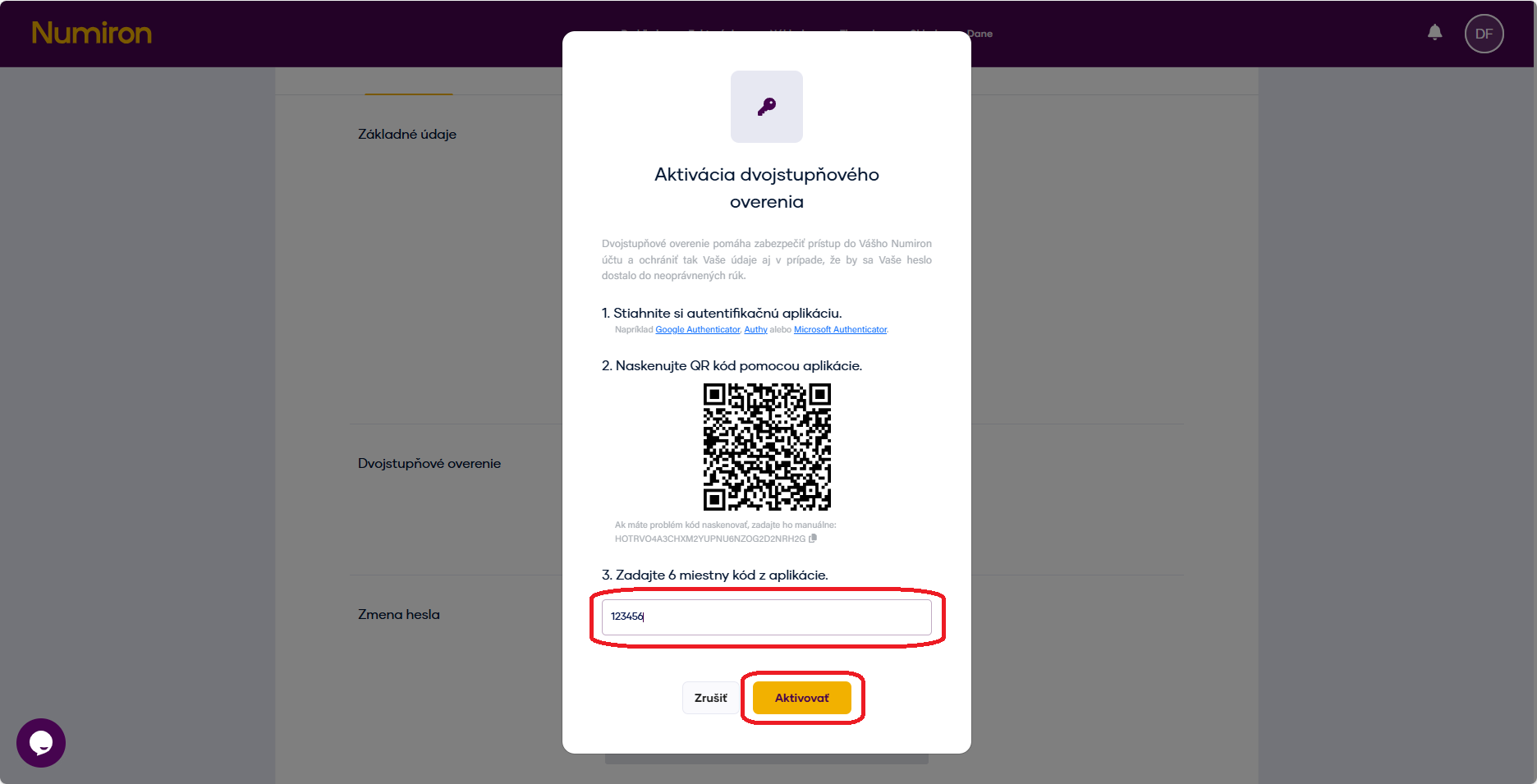 2fa aktivovat button