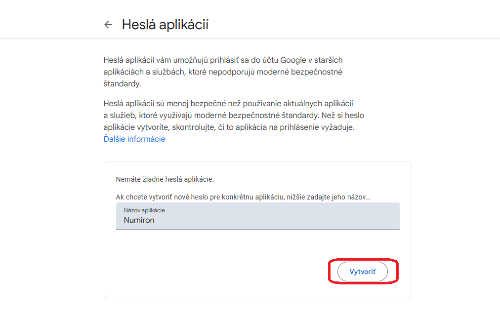 app pasword vytvorit